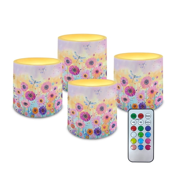 Kuiaobaty Flameless Votive Candles Daisy Flower Dragonfly Pattern 4 Pcs LED Pillar Candle Tealights Long Lasting with Remote Timer for Indoor Outdoor Coastal Home Decoration