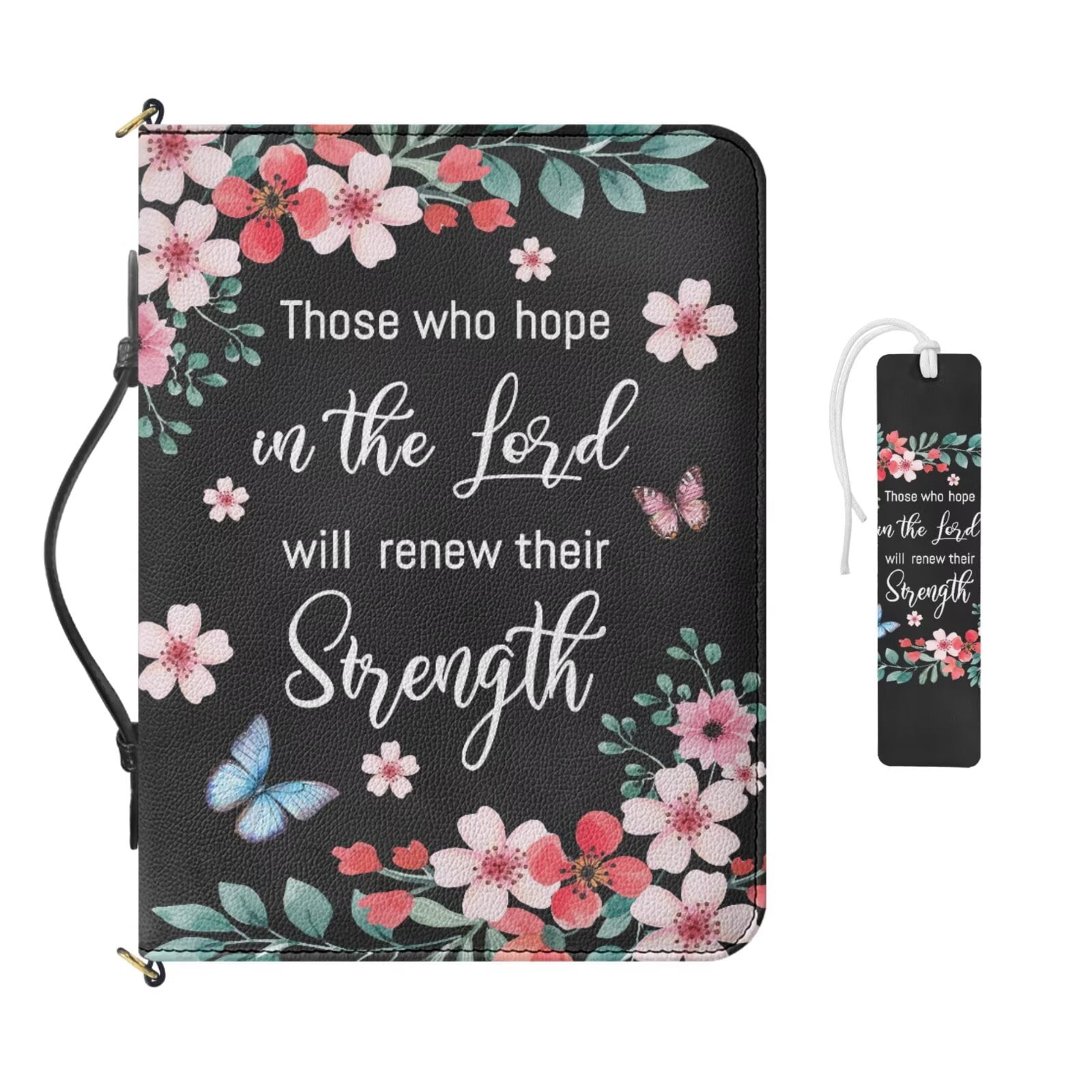 Kuiaobaty Floral Butterfly Print Bible Cover with Bookmark PU Leather Bible Carrying Case with Shoulder Strap Christian Bible Study Accessories for Women Men Church, Black