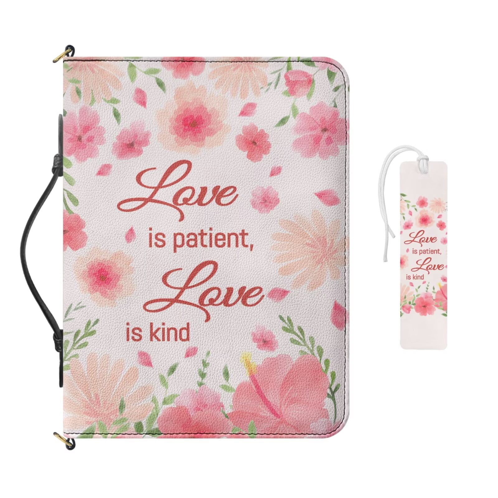 Kuiaobaty Floral Print Bible Cover Case for Women Leather Church Bag Scripture Case with Shoulder Strap Portable Mens Christian Study Accessories with Bookmark for Church, Pink