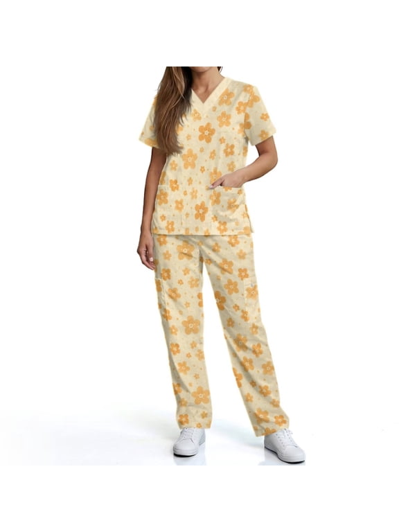 Floral Print Womens Scrubs Set for Breathable Nurse Top and Pants Multi Pockets Medical Scrubs for Pediatric Nurse, Yellow