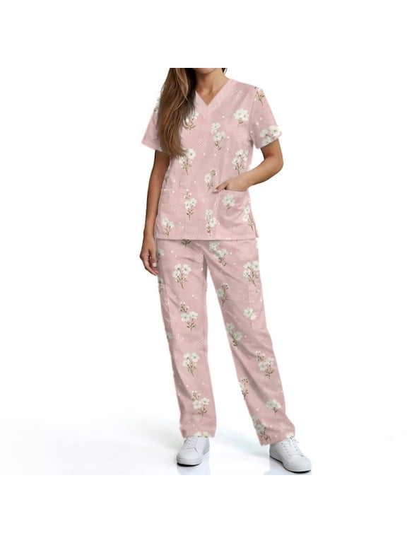 Floral Printed Scrubs Set for Women Stretch Medical Scrubs with 6 Pockets Breathable Nursing Uniforms for Pediatric Dental Staff, Pink