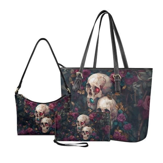 Kuiaobaty Floral Skull Print Handbag and Purse Set with Matching Wallet for Women Leather Top Handle Handbag Clutch Purse with Zipper Underarm Bag Wristlet Wallet for Travel