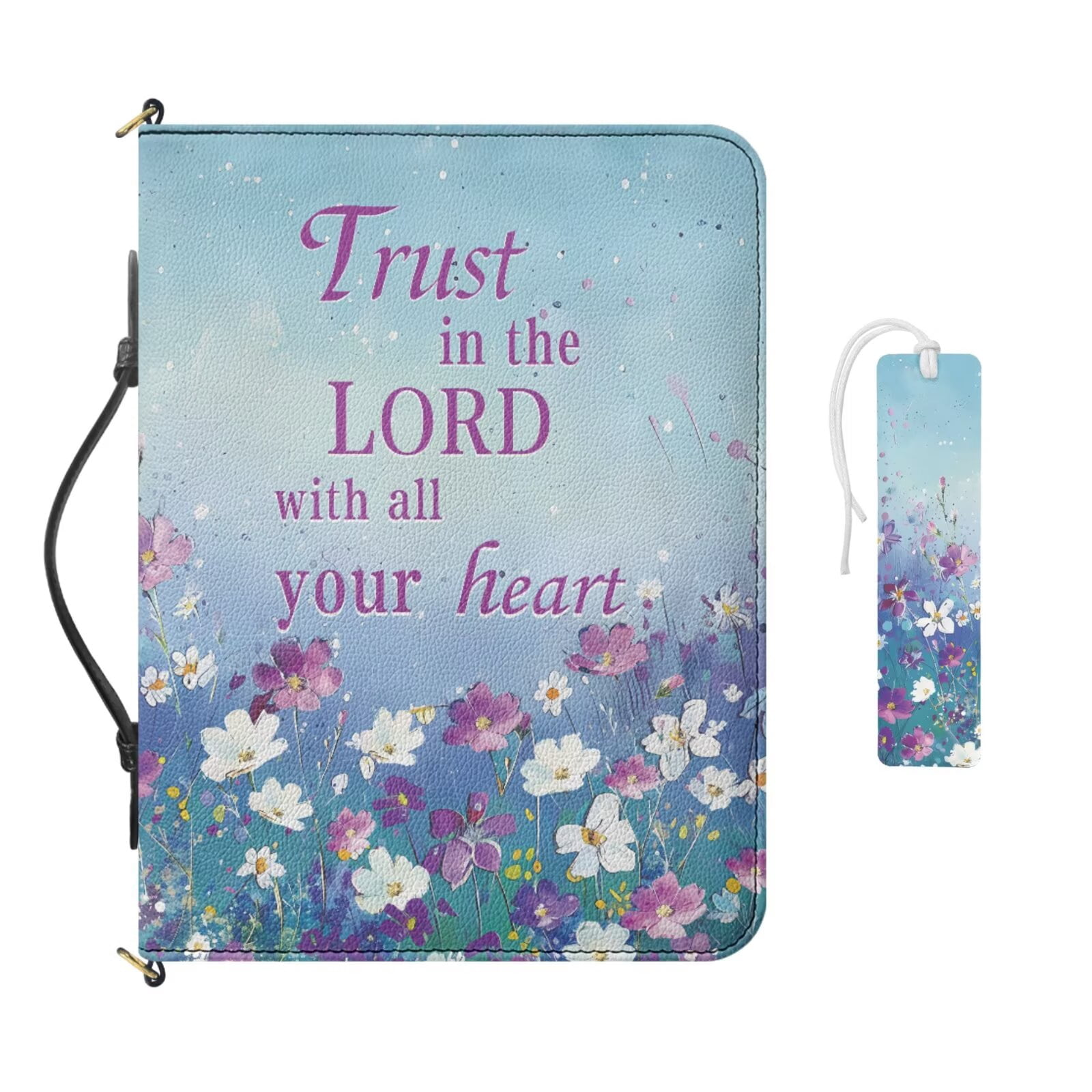 Kuiaobaty Flower Print Bible Covers for Women Men Christian Bible Study Accessories with Bookmark Leather Bibles Carrying Book Case with Shoulder Strap for Christian Daily, Blue