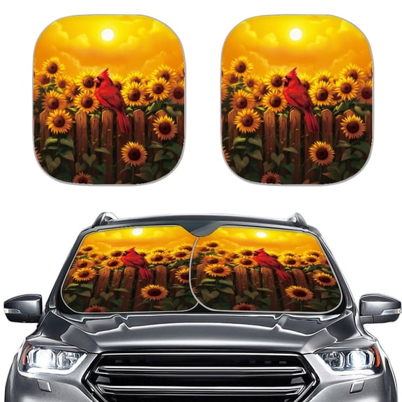 Kuiaobaty Foldable Car Windshield Sunshade Sunset Glow Cardinal Sunflower Pattern 2 Pack Sun Shield Protector Auto Front Window Sunshade for Small Sedans Mini SUVs Automotive Accessories
