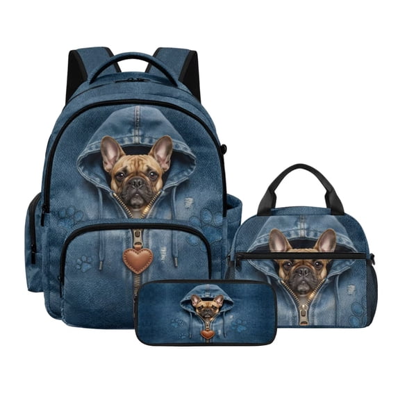 Kuiaobaty French Bulldog Print Backpack Set with Pencil Case for Teens Girls Paw Print Backpack and Lunch Bag Set Large Capacity Bookbag with Lunch Box for School Travel Picnic
