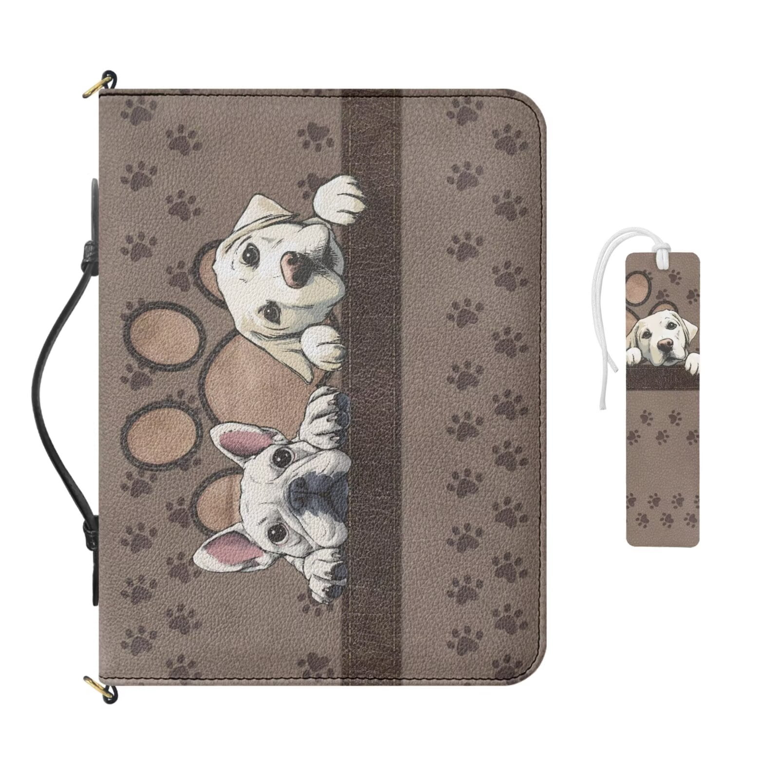Kuiaobaty French Bulldog Print Bible Case for Women Men Labrador Paw Print Bible Cover Church Bag with Bookmark Roomy Bibles Carrying Case with Handle and Strap for Christian Daily, Brown