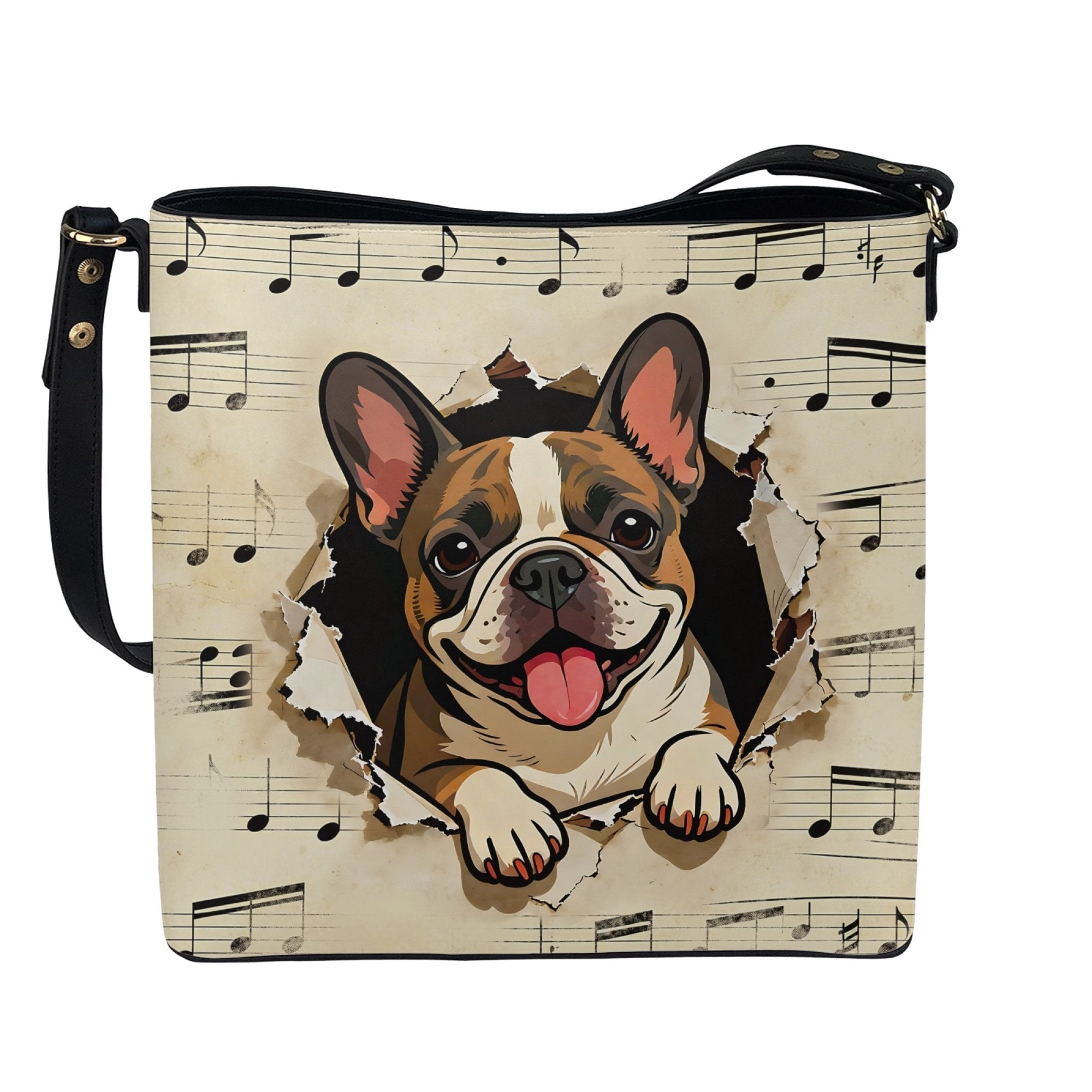 Kuiaobaty French Bulldog Print Crossbody Bag for Women, Musical Note Print Shoulder Handbag Crossbody with Adjustable Strap, Waterproof Leather Bucket Tote Bag for Travel, Beige