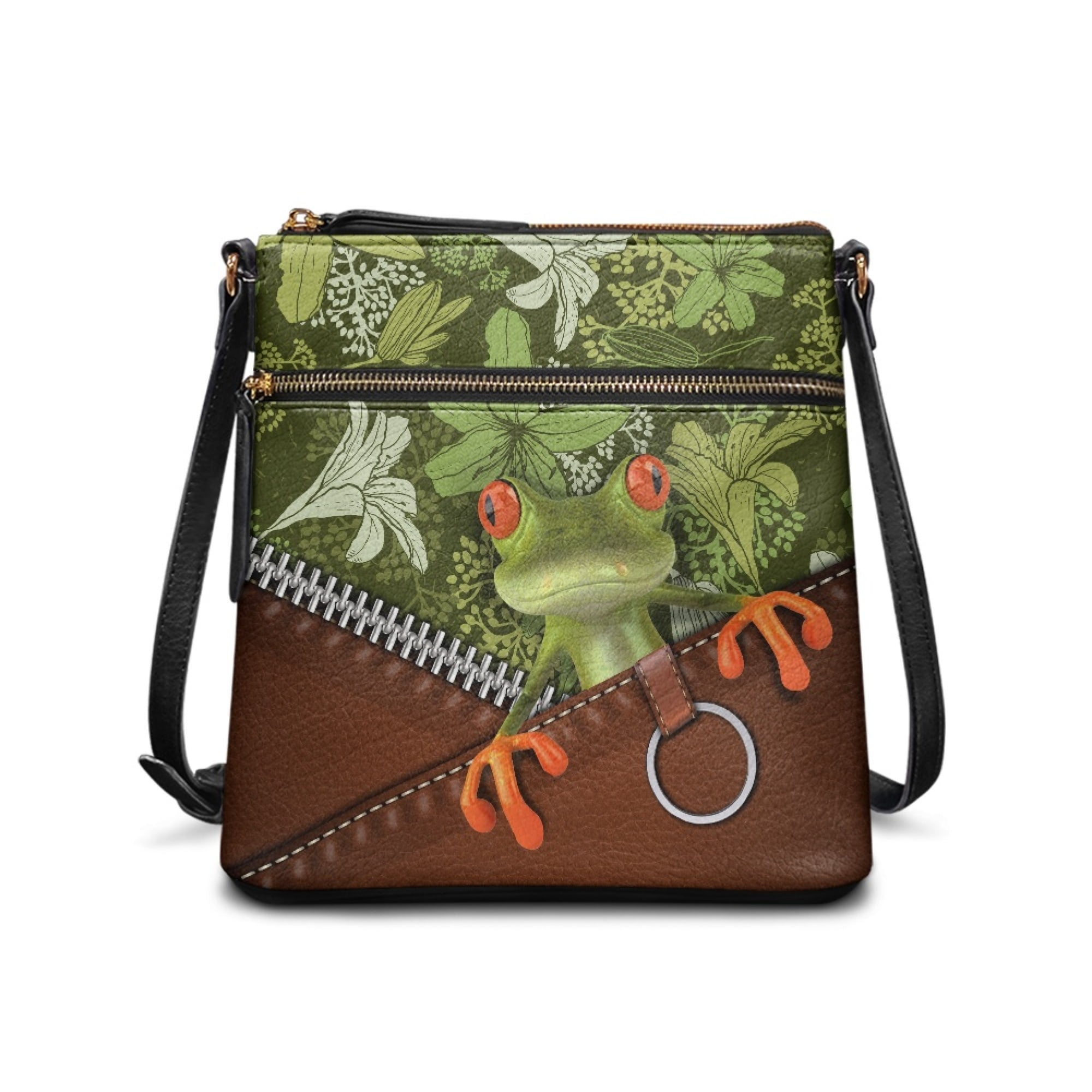 Kuiaobaty Frog Flower Print Leather Crossbody Bag for Women, Lightweight Zipped Pockets Hobo Handbag with Adjustable Strap, Roomy Durable Messenger Purse Crossbody for Travel