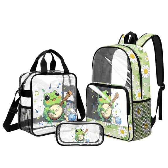 Kuiaobaty Frog Snail Printed Clear Backpack Set for Boys Girls Daisy Print Clear Bookbag and Pencil Case Musical Note Print Backpack with Transparent Lunch Bag for Stadium School