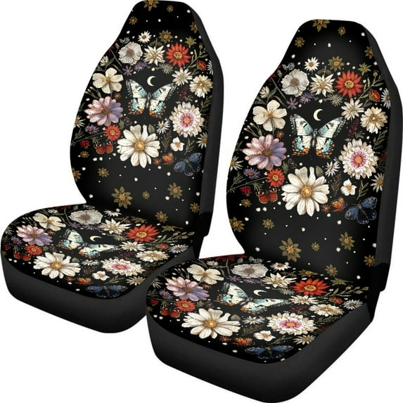 Kuiaobaty Front Car Seat Cover Set of 2, Universal Soft Seat Protection Auto Interior Accessories Decoration for Men Women, Butterfly Flower Moon