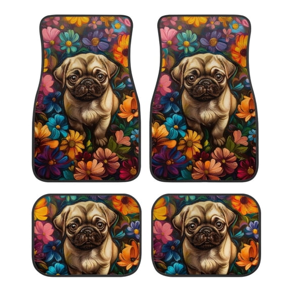 Kuiaobaty Front Rear Floor Mats for Cars Retro Pug Dog Daisy Flower Pattern All Weather Interior Protection Floor Mats Front Rear Liners Carpet for Sedan Van Car Truck, Set of 4