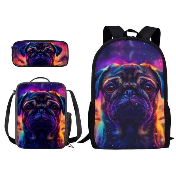 Kuiaobaty Galaxy Pug Dog Pattern Bookbag Set of 3 with Lunch Bags and Pencil Case Set Elementary School Backpack for Kids Girls Boys Teens Large Schoolbags Bagpack Rucksack Travel Outdoor Daypack