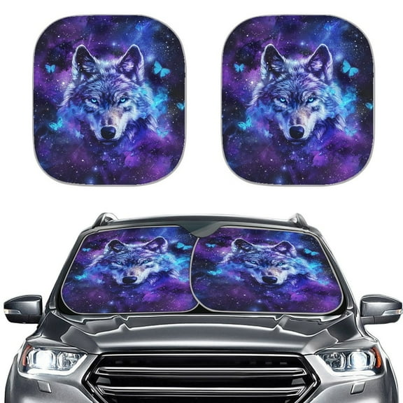 Kuiaobaty Galaxy Wolf Butterfly Pattern 2 Pcs Auto Windshield Sun Shade Car Window Sun Shield Blocks UV Rays Exterior Accessories 28.5" x 25.5" Universal Fit Cars Trucks SUVs
