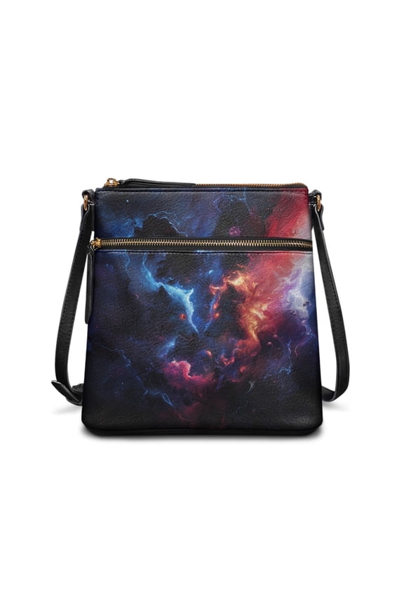 Galaxy Wolf Print Crossbody Bag for Women, Zipper Pockets Shoulder Purse Crossbody with Adjustable Strap, Roomy Casual Leather Sling Bag for Travel & Work