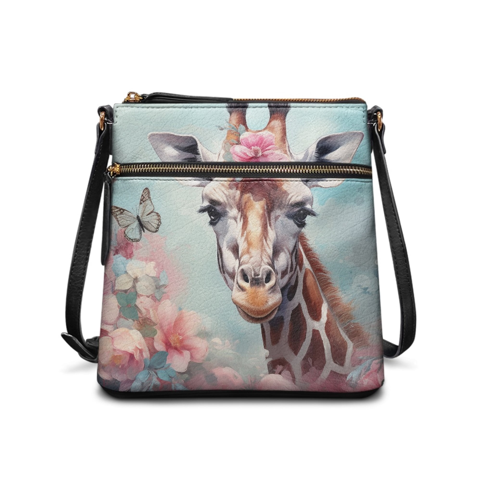 Kuiaobaty Giraffe Flower Butterfly Print Crossbody Bag for Women, Casual Lightweight Vegan Leather Crossbody Handbag, Multi Pocket Shoulder Purse with Adjustable Strap for Travel & Work