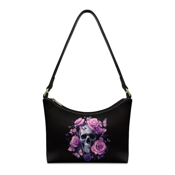 Kuiaobaty Gothic Skull Print Shoulder Purse for Women, Rose Butterfly Print Vegan Leather Hobo Purse Tote Bag, Retro Crescent Underarm Bag with Zipper Closure for Travel, Black