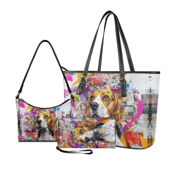 Kuiaobaty Graffiti Beagle Print 3 PcsHandbag and Purse with Matching Wallet for Women Leather Underarm Bag Wristlet Wallet with Zipper Top Handle Handbag Hobo Purse for Travel