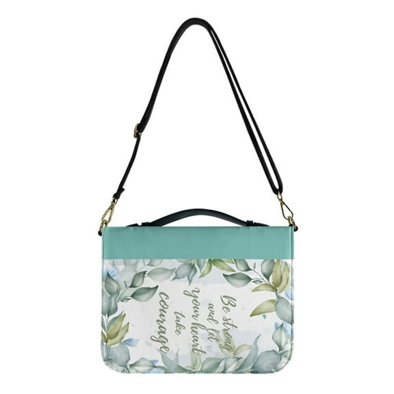 Kuiaobaty Green Leaf Print Bible Case Covers Let Your Heart Take Courage PU Leather Bible Carrying Holder Bag with Handle and Adjustable Shoulder Strap Large Study Bible Case for Women Men, L