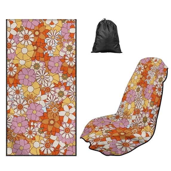 Kuiaobaty Groovy Flower Print Car Seat Towel Covers Front Seats 60 x 33 Inch Absorbent Microfiber Towels with Storage Bag 60 x 33 Inch Non Slip Car Seat Shield Protector, Orange