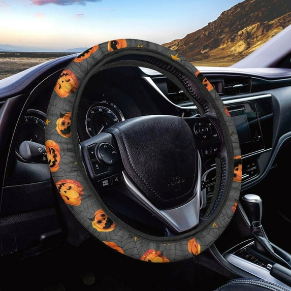 Kuiaobaty Halloween Pumpkin Gray Steering Wheel Cover Auto Steering Wheel Protector Vehicle Wheel Protector Polyester Cover with Anti-Slip Lining for Sedans SUV Van Truck