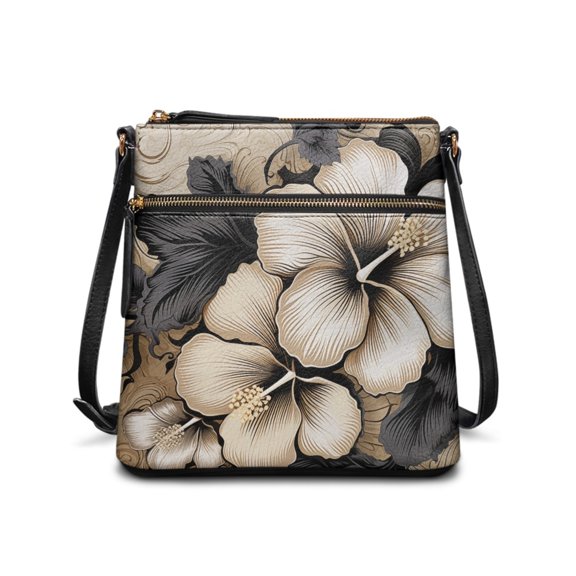 Kuiaobaty Hibiscus Flower Print Crossbody Bag for Women Medium Size, Trendy Vegan Leather Hobo Purse Crossbody, Portable Zipper Satchel Purse with Adjustable for Travel & Work
