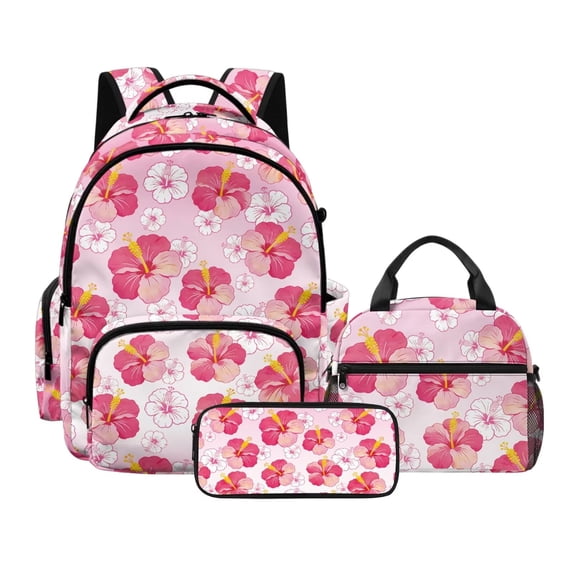Kuiaobaty Hibiscus Print 3 Piece Backpack Set for Teen Girls 17 Inch Backpack and Lunch Box Set with Adjustable Strap Multi Pockets Bookbag with Pencil Case for School Travel Daily Use
