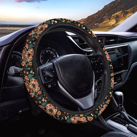 Kuiaobaty Highland Cow Boho Flower Car Steering Wheel Cover for SUV Van Truck Steering Wheel Protector Full Surround Diameter 15" Automobole Interior Accessories