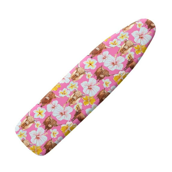 Kuiaobaty Highland Cow Hibiscus Pink Ironing Board Cover with Elastic Edges and Adjustable Straps, Durable Polyester Spandex Fabric, 55 x 16 Inches