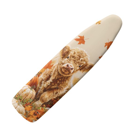 Kuiaobaty Highland Cow Maple Leaf Pumpkin Ironing Board Cover with Elastic & Adjustable Hook and Loop Fastener, Polyester Spandex Iron Board Cover Autumn Decor