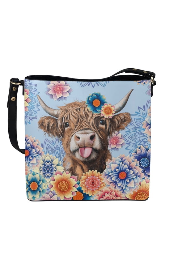Highland Cow Print Bucket Bag for Women, Mandala Flower Print Vegan Leather Crossbody Purse with Adjustable Strap, Funny Casual Shoulder Handbag Crossbody for Travel & Shopping