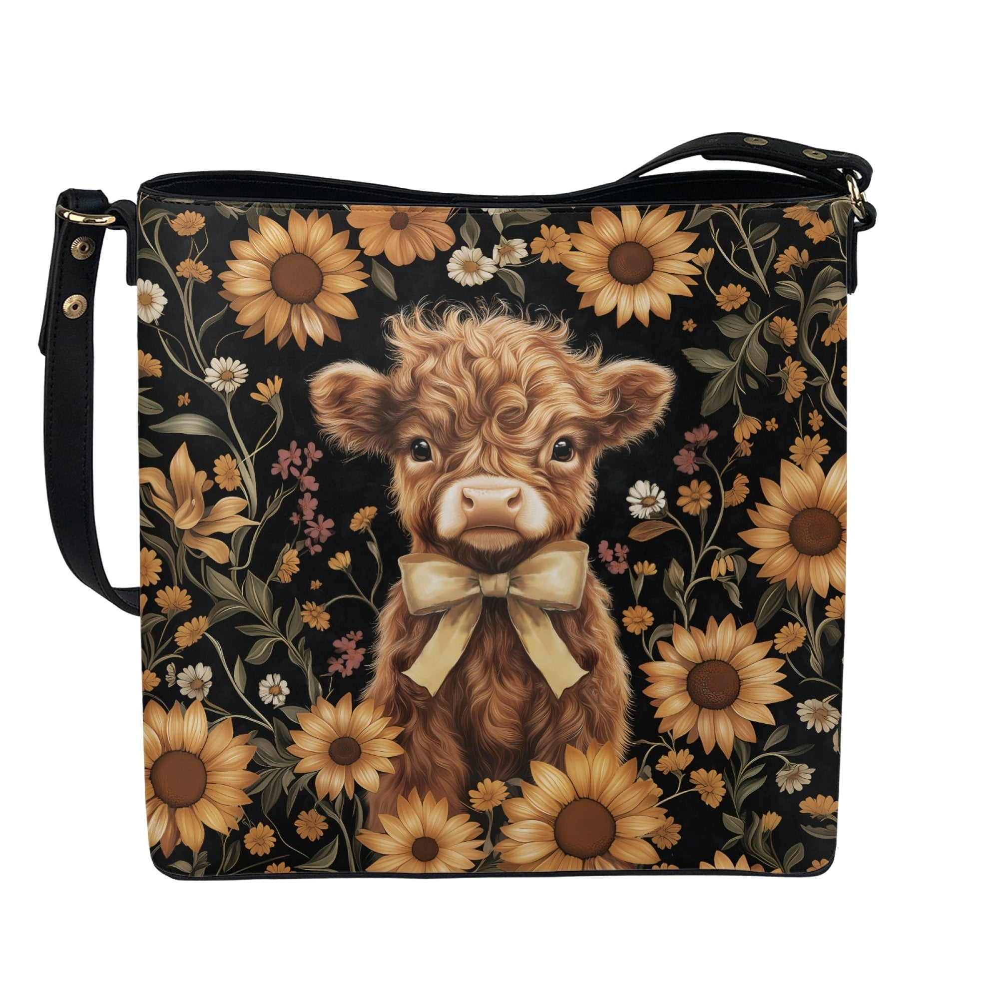 Kuiaobaty Highland Cow Print Bucket Crossbody Bag for Women Lady Sunflower Print Leather Hobo Satchel Purse Crossbody Cute Roomy Bucket Tote Bag with Adjustable Strap for Travel Brown