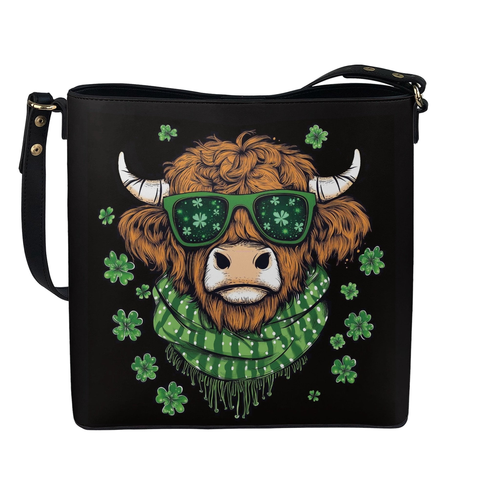 Kuiaobaty Highland Cow Print Bucket Crossbody Bag for Women Shamrock Print Leather Hobo Satchel Purse Crossbody Waterproof Bucket Tote Bag Handbag with Adjustable Strap for St Patrick's Day