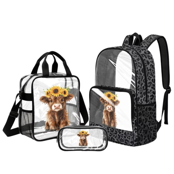 Kuiaobaty Highland Cow Print Clear Backpack Set for Girls Boys Sunflower Printed Clear Bookbags and Lunch Bag Set Leopard Print Backpack and Pencil Case for School, Grey