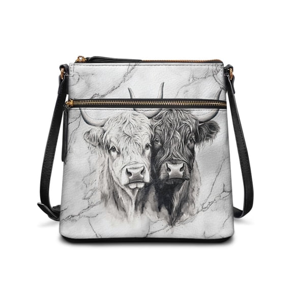 Kuiaobaty Highland Cow Print Crossbody bag for Women, Marble Print Portable Leather Satchel Purse with Adjustable Strap, Waterproof Sturdy Hobo Handbag Crossbody for Travel
