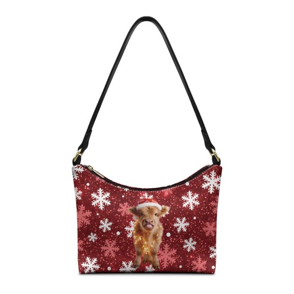 Kuiaobaty Highland Cow Print Hobo Purse for Women Snowflake Print Leather Shoulder Handbag with Smooth Zipper Roomy Christmas Underarm Sling Bag for Travel Red