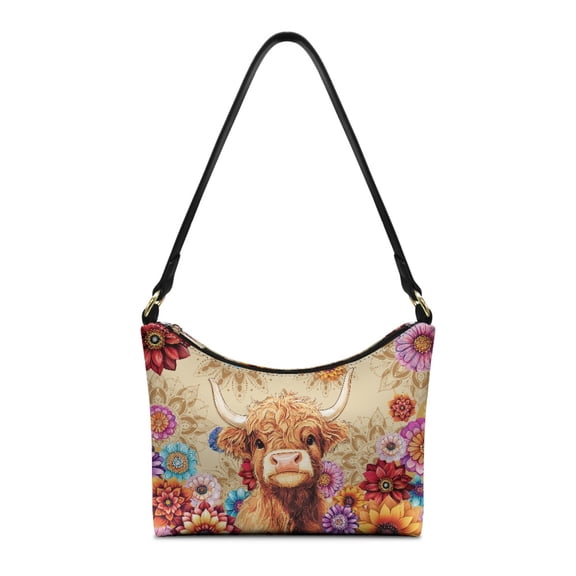Kuiaobaty Highland Cow Print Shoulder Purse for Women Mandala Flower Print Underarm Sing Bag Leather with Smooth Zipper Ethnic Style Hobo Purse Tote for Travel Beige