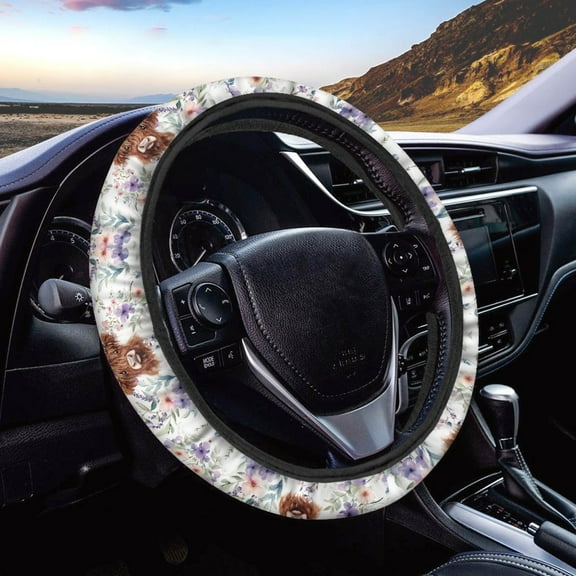 Kuiaobaty Highland Cow Purple Floral Steering Wheel Cover Fit Most Van Car SUV Truck Vehicle Steering Wheel Protector Anti-Slip Automobile Interior Accessories Decor