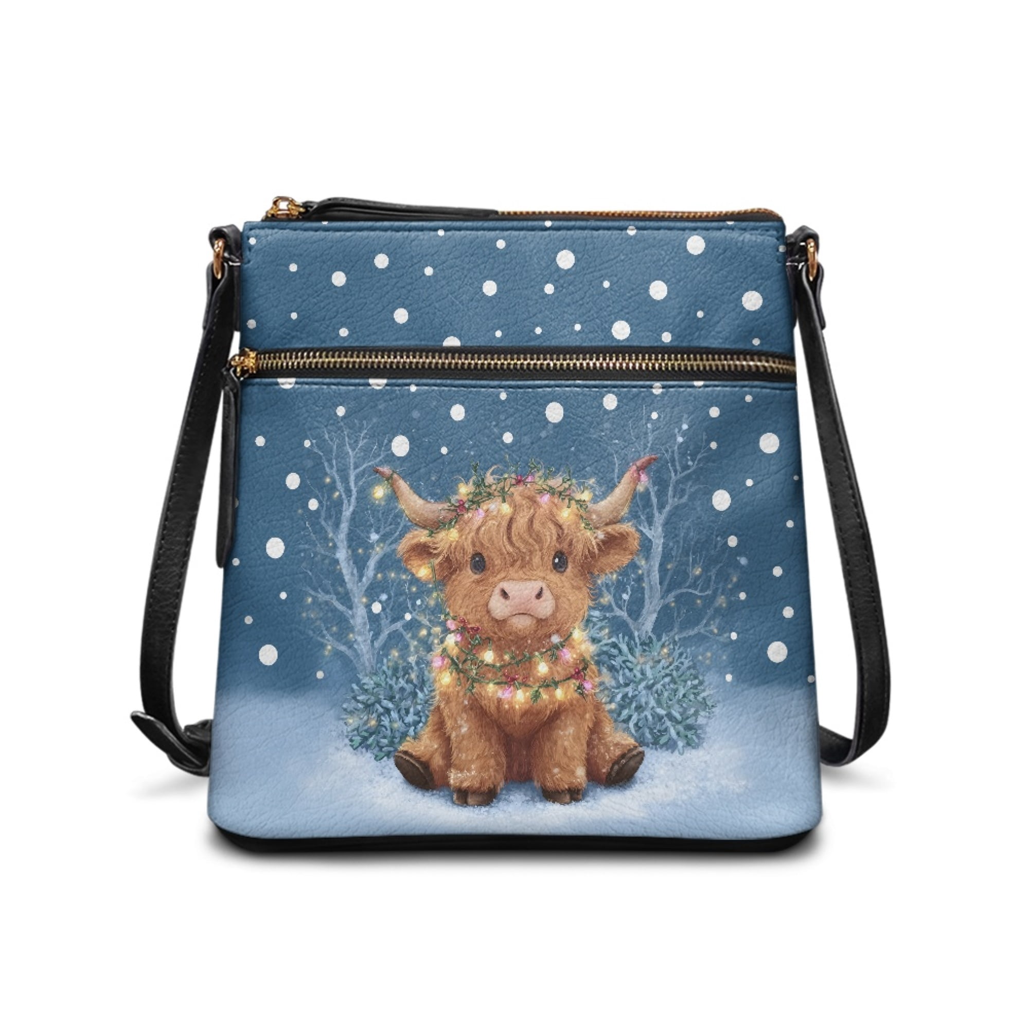 Kuiaobaty Highland Cow Snowflake Print Crossbody Bag for Women Travel, Zipped Pockets Leather Shoulder Purse Crossbody with Adjustable Strap, Waterproof Messenger Handbag for Christmas