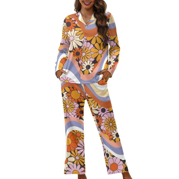 Kuiaobaty Hippie Daisy Print Women's 2 Piece Outfits Pajama Set Long Sleeve Top Wide Leg Pants with Pockets Loungewear Comfy Nightgown Plus Size, Size M