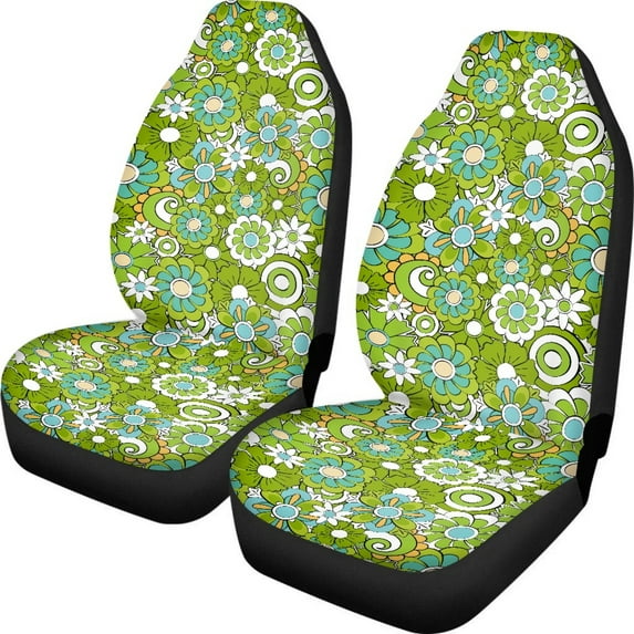Kuiaobaty Hippie Flower Car Front Seat Cover 2 Pack Universal Soft Boho Daisy Floral Auto Interior Accessories Decoration for Women, Green Cyan