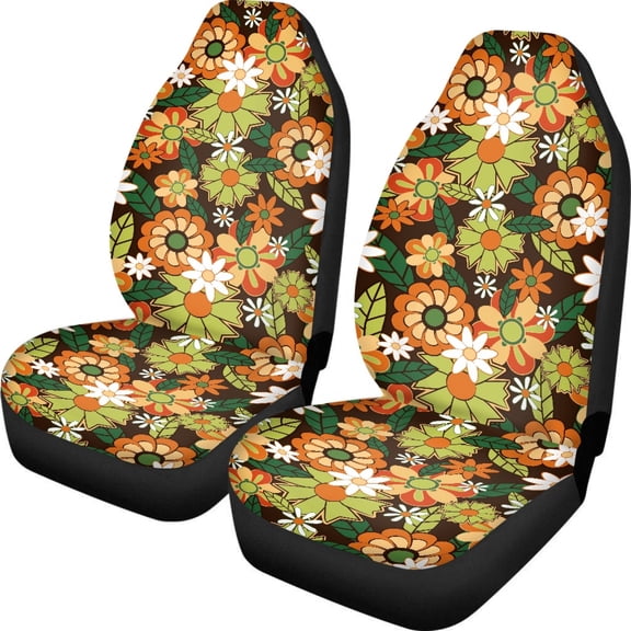 Kuiaobaty Hippie Flower Car Seat Cover Front Bench Protection Breathable Boho Daisy Floral Auto Accessories Universal Fit for SUV, Sedans, Van, Green Orange