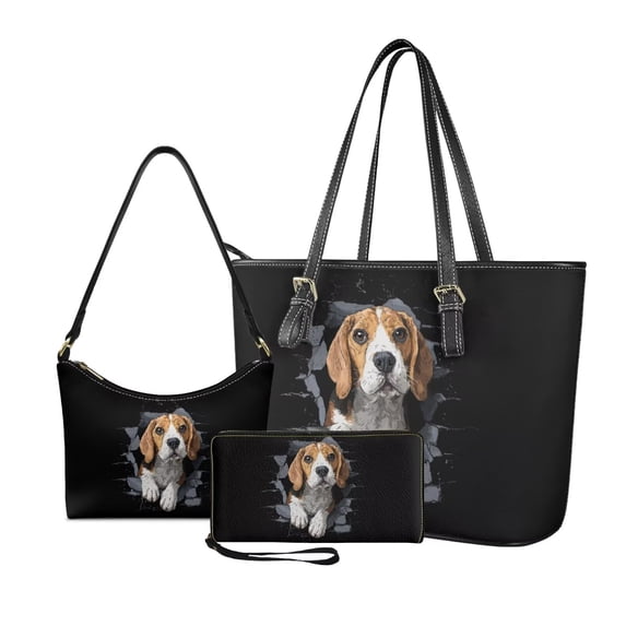 Kuiaobaty Hole Beagle Print Handbag and Purse Set with Matching Wallet for Women Leather Wristlet Wallet with Zipper Large Top Handle Handbag with Underarm Bag for Travel, Black