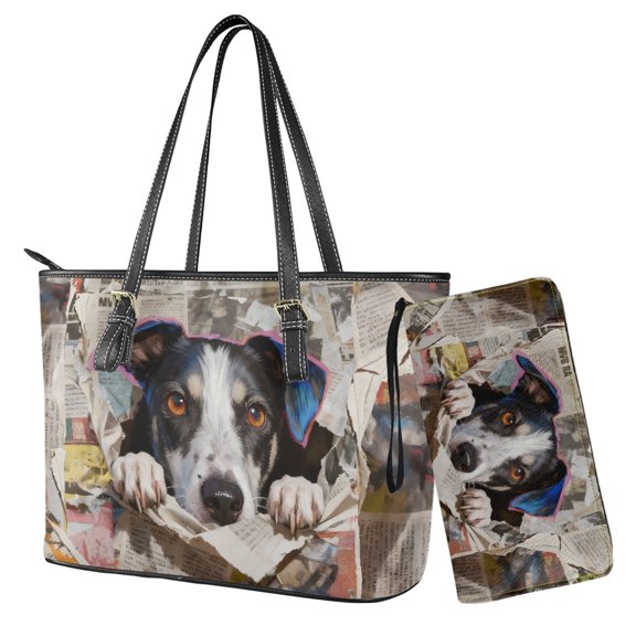 Kuiaobaty Hole Print Tote Handbag for Women Large, Border Collie Print Satchel Purse with Adjustable Strap, Large Capacity Leather Top Handle Handbag for Travel