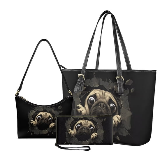 Kuiaobaty Hole Pug Print Handbag and Wallet Set for Women Leather Underarm Bag Hobo Purse with Zipper Casual Top Handle Handbag Clutch Wallet for Travel, Black