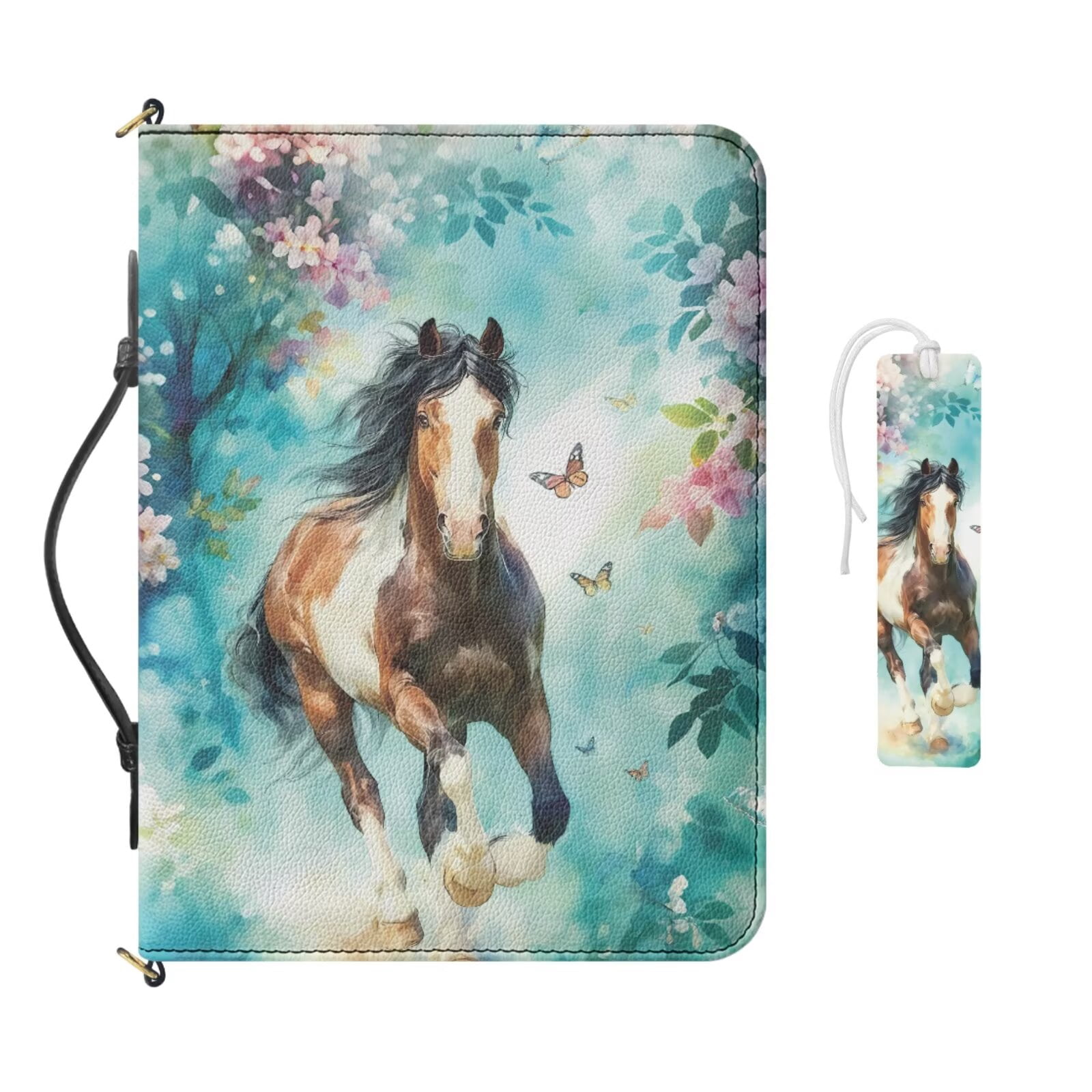Kuiaobaty Horse Butterfly Flower Print Bible Case for Women Lady Lightweight Bible Cover with Leather Bookmark Sturdy Mens Christian Bible Study Accessories for Church, Blue