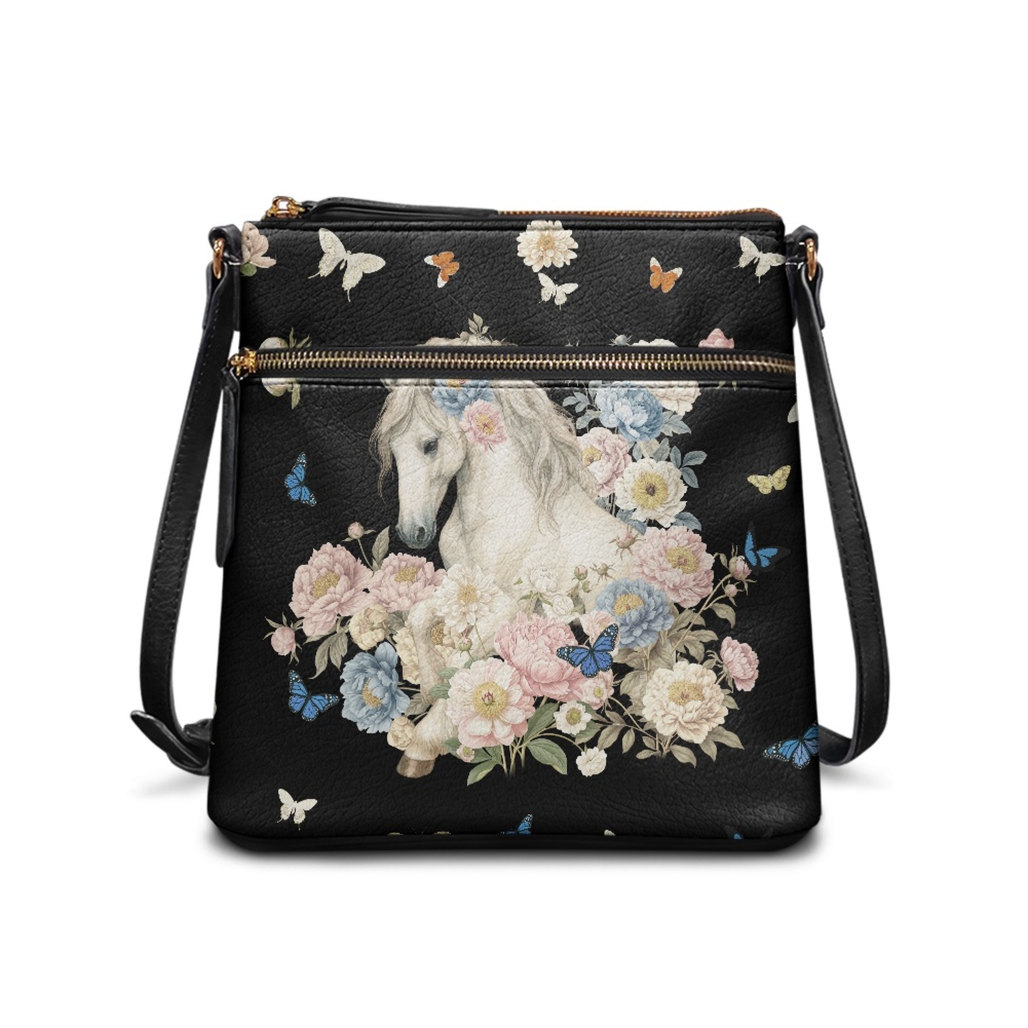 Kuiaobaty Horse Flowers Print Crossbody Bag for Women, Butterfly Print Leather Satchel Purse with Adjustable Strap, Zipper Pockets Shoulder Handbag Crossbody for Travel, Black