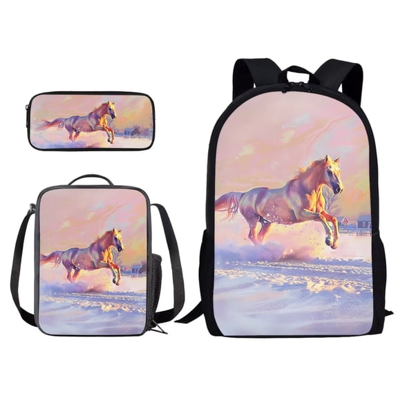 Kuiaobaty Horse Print Backpack Bookbag for Elementary School Girls Middle High School Bag with Lunch Box Pencil Case 3 In 1 Book Bag Set Kids for Daycare