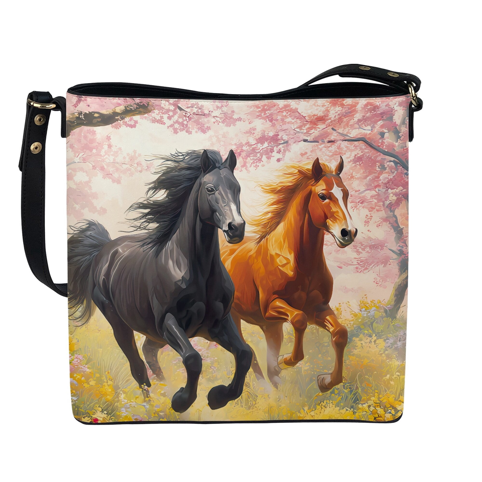 Kuiaobaty Horse Print Bucket Crossbody Bag for Women Lady, Cherry Blossom Print Vegan Leather Bucket Tote Bag with Adjustable Strap, Lightweight Hobo Satchel Purse Crossbody for Travel