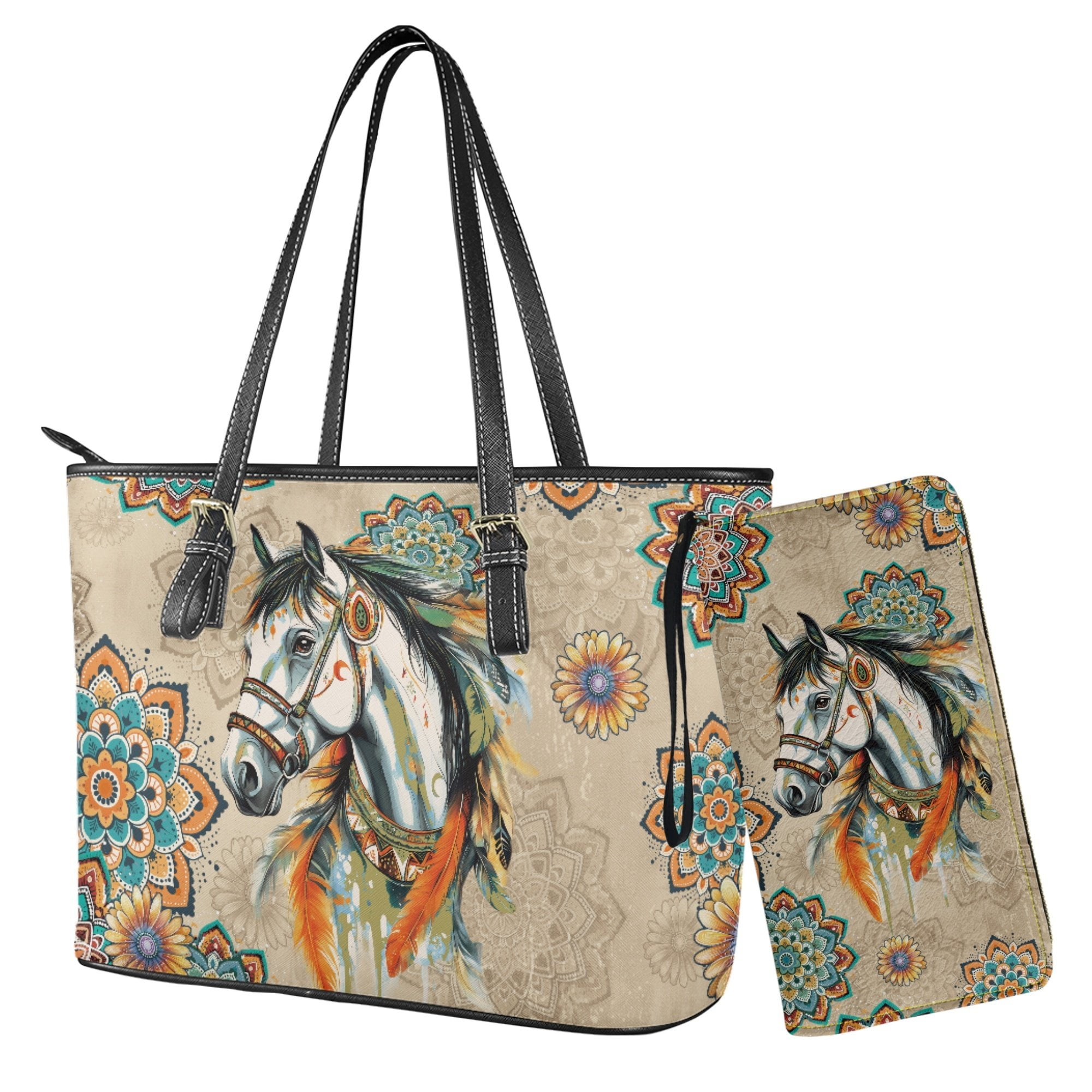 Kuiaobaty Horse Print Satchel Handbag for Women, Mandala Flowers Print Shoulder Bag Leather with Adjustable Strap, Ethnic Style Tote Handbag Set 2pcs for Travel, Beige