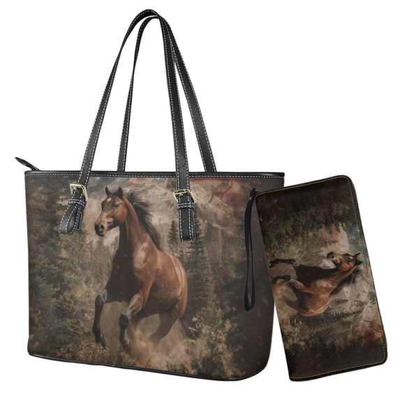 Kuiaobaty Horse Print Tote Bag for Women Work, Flowers Print Leather Shoulder Purse with Adjustable Strap, Lightweight Satchel Purse with Wallet for Travel & Gym